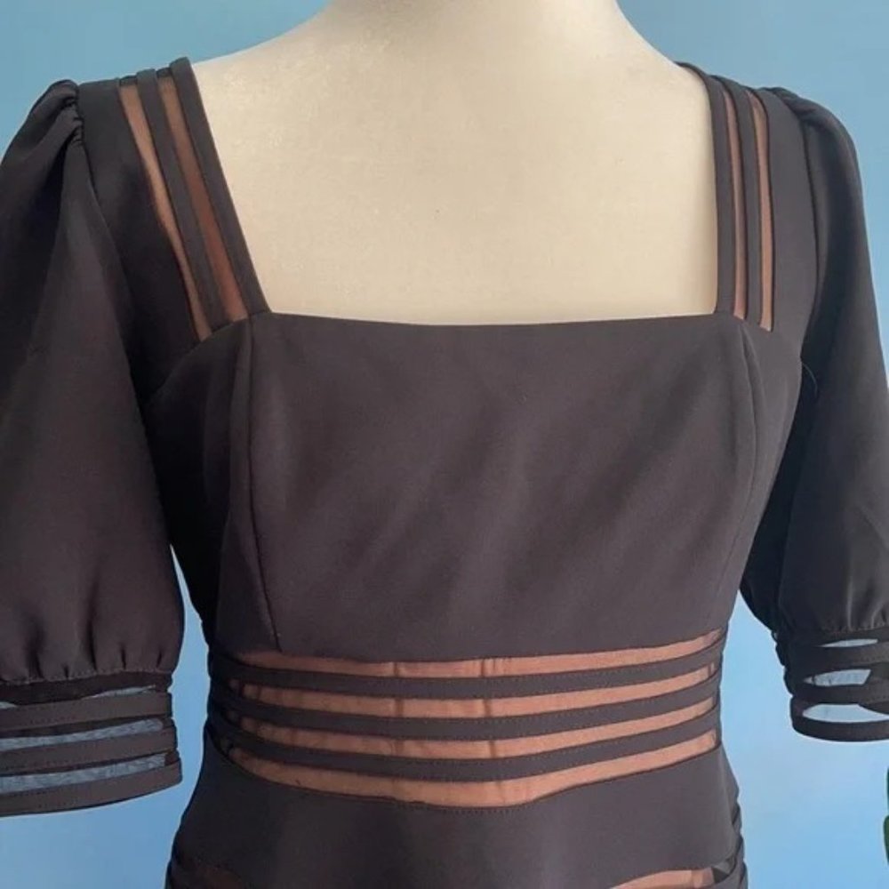 NEW* BCBGMaxAzria Black Sheer Stripes Puff Sleeves Dress Size 10 $298 - Picture 3 of 5